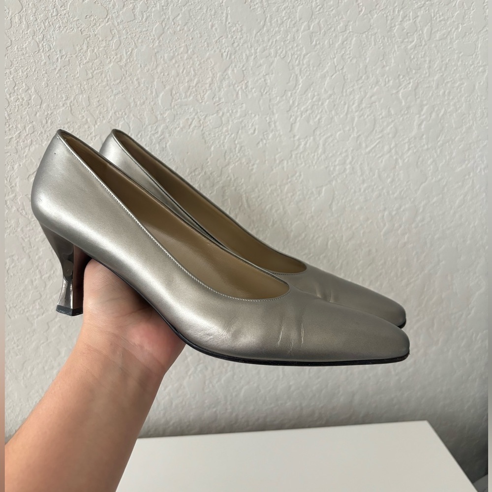 Salvatore Ferragamo Silver Metallic Leather Mid Heel Pumps